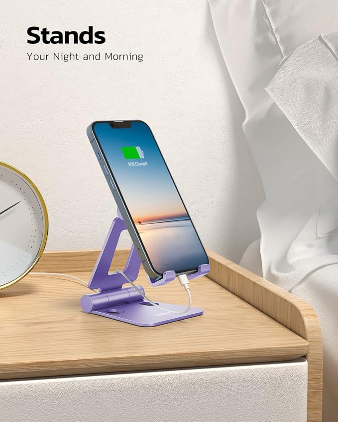 Nulaxy Dual Folding Cell Phone Stand, Fully Adjustable Foldable Desktop Phone Holder Cradle Dock Compatible with iPhone 17 16 15 14 13 12 11 Pro Max Xs Xr X 8, Nintendo Switch, All Phones - Purple