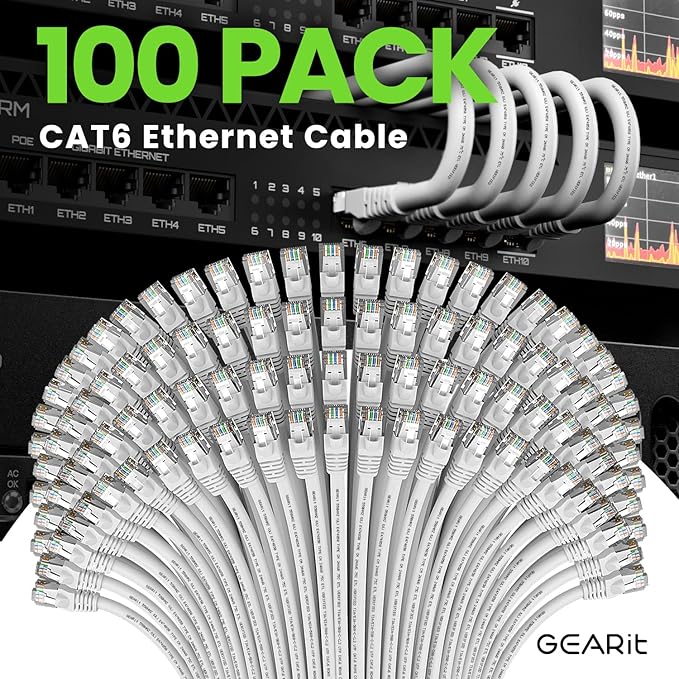 GEARit Cat 6 Ethernet Cable (100-Pack 2 Feet) Cat6 Network Patch, 10Gbps, RJ45, Snagless Cord, Gold-Plated Connectors, Internet for PC, TV, Tablet, Router, Printer, Servers, IT Data Center - White