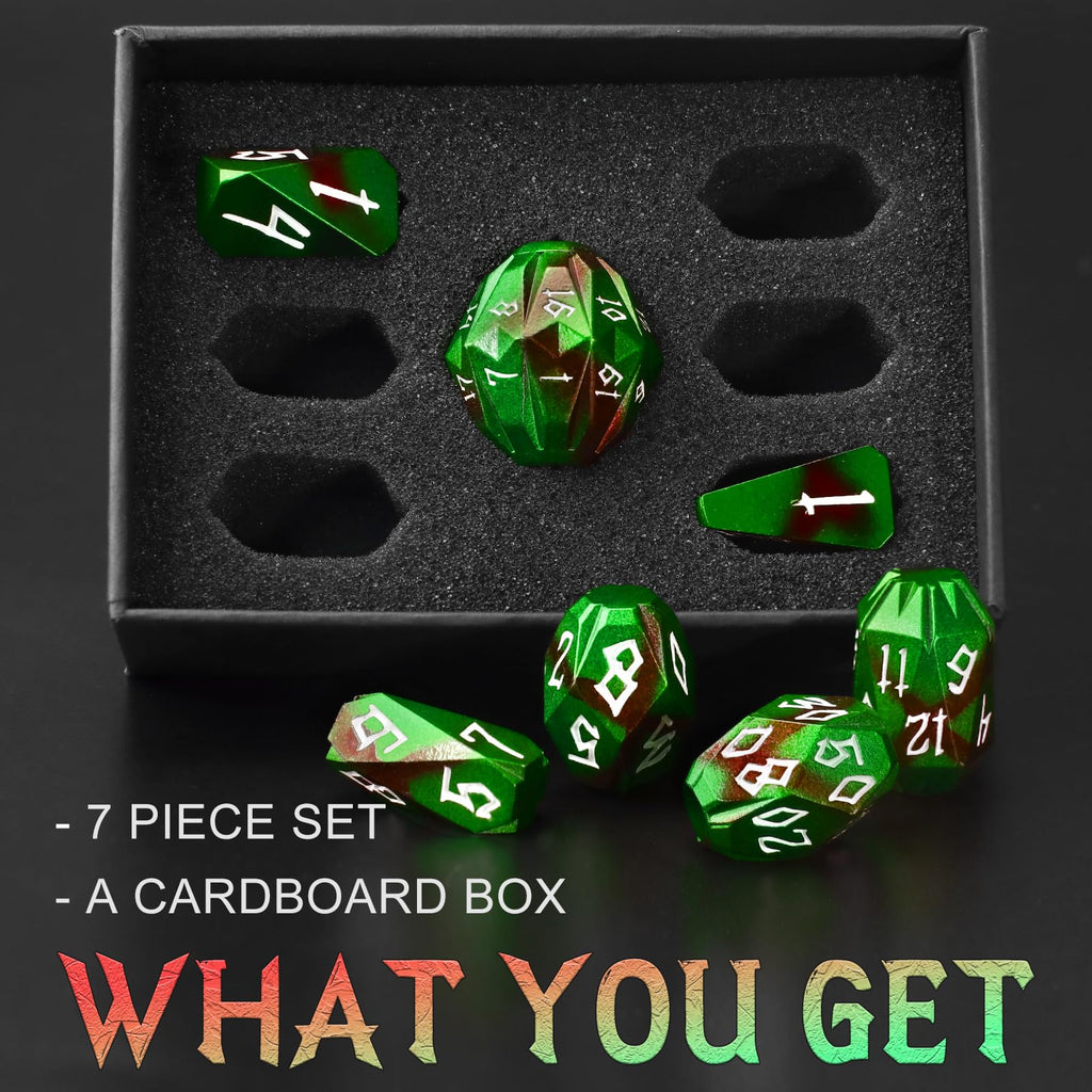 FONVGOGO Metal DND Dice for Dungeons and Dragon, Metal Dice Set D and D with Cardboard Box Unique Cool RPG Polyhedral Dice for Role Playing Tabletop Games Gifts (Black Green)