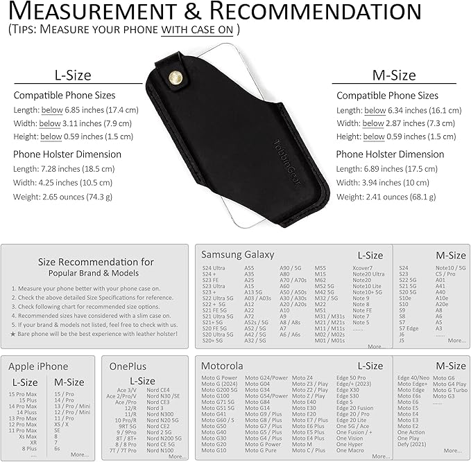 TobbinGear Left-Handed Leather Cell Phone Holster with Belt Clip, Universal Phone Holster for Men Belt Holder, Leather Case for iPhone, Samsung Galaxy Phones, Black Color