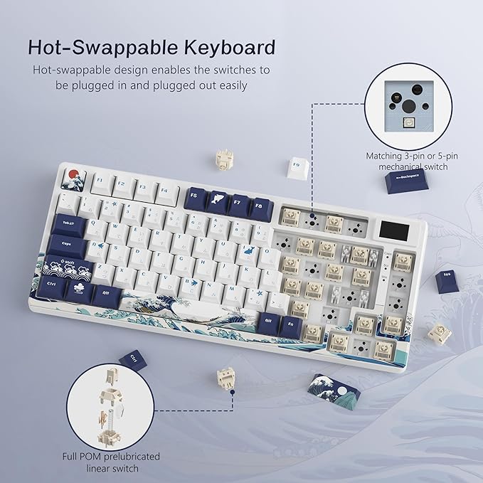 Womier S-K80 75% Keyboard with Color Multimedia Display Mechanical Gaming Keyboard, Wired Hot Swappable Gasket Mount RGB Custom Key Board, Pre-lubed Stabilizer for Mac/Win, White Kanagawa
