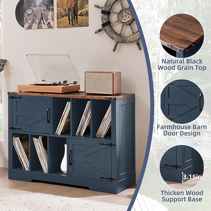 Large Record Player Stand with Vinyl Storage Up to 450 Albums, 39 Inch Farmhouse Wood Navy Blue Vinyl Records Storage Cabinet with Barn Doors, Mid-Century Turntable Stand for Living Room