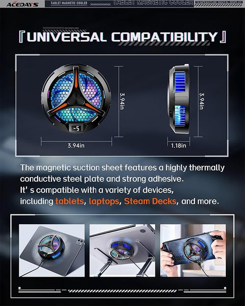 ACEDAYS iPad Cooler,Magnetic Tablet Cooler for ipad/Surface pro/Samsung Tab,Compatible for Steam Deck,Universal Radiator with Temperature Display for Mobile Gaming,Tiktok Live Streaming
