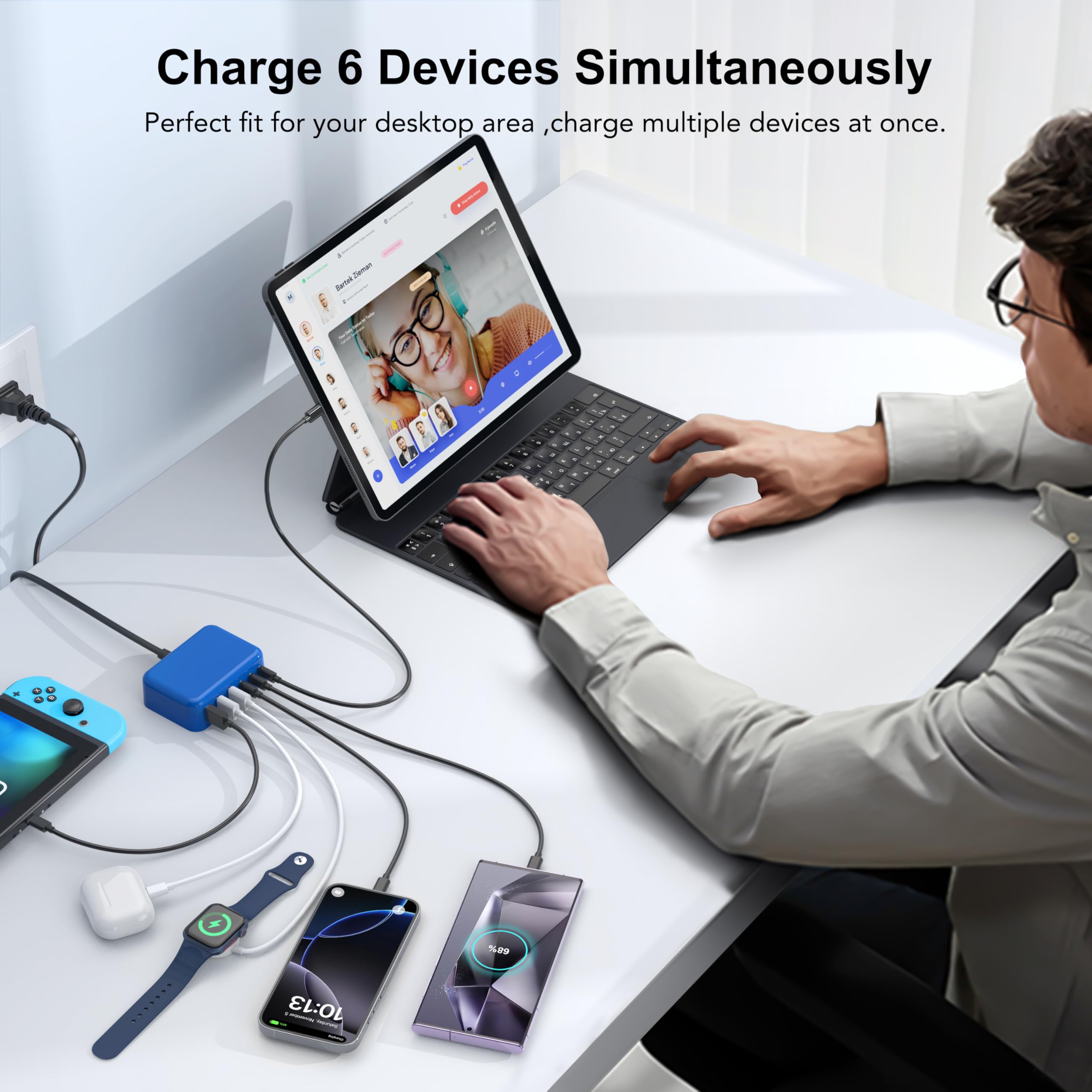 [2026 Updated] USB C Fast Charger, 100W GaN 6 Port Type C Charging Station Hub Block Cube, USB C Wall Charger Power Strip Adapter Plug for iPad iPhone 17 16 15 14 Pro Max Pixel Note Galaxy, 5ft Cord
