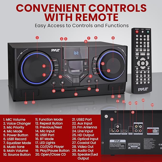 Pyle Mini Hi-Fi Bluetooth Stereo System – 4-Piece CD Player with Speakers, MP3, FM Radio, USB Recording, Subwoofer, DSP-Tech, Equalizer Settings, Compact Home Stereo System with Remote Control (Black)