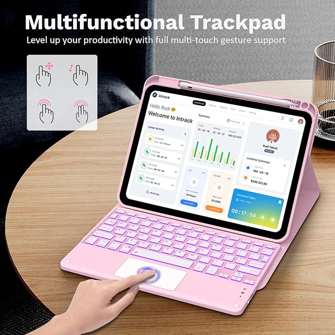MoKo Touch Keyboard Case for iPad (A16) 11th Generation 11 inch 2025, iPad 10th Generation 10.9 inch Case with Pencil Holder, 7 Colors Backlit Multi-TrackPad Detachable Bluetooth Keyboard, Water Color