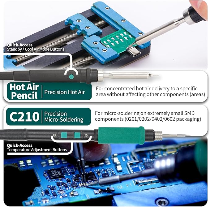 YIHUA 992D-II 2-IN-1 Precision Soldering Kit with Hot Air Pencil and C210 Soldering Iron, Precision Soldering Station with Dynamic LCD Display, Low-Wear Mode, 3 Preset Channels, 8 Hot Air Nozzles