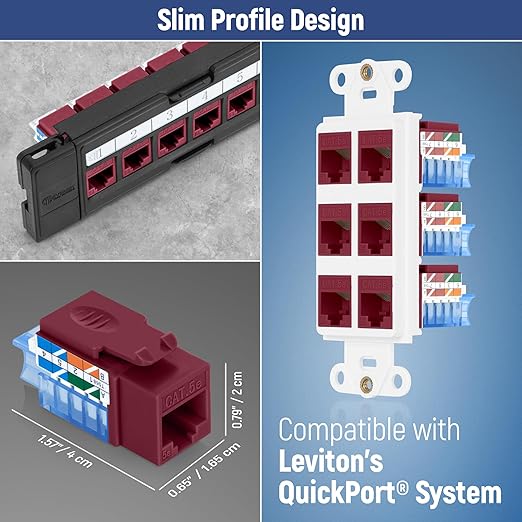 Everest 45° Angled RJ45 Cat5e Keystone Jacks 10-Pack in Red - Slim Profile Female RJ45 Connectors - Cat 5e Keystone Jack - Compatible with 45° Angled Speed Termination Tool - 45Term (B0BL3GS7ZY)