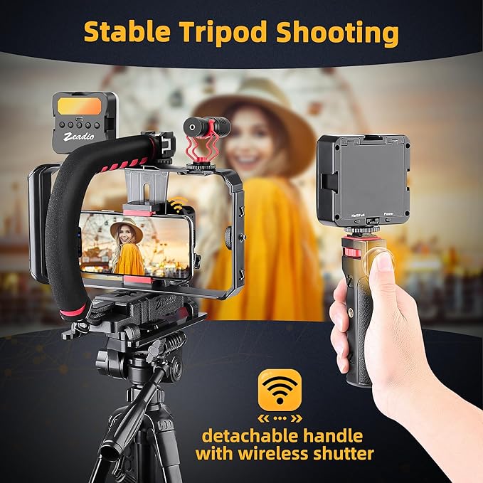 Zeadio Smartphone Camera Stabilizer Kit, Portable Handle Grip Handheld Video Rig with RGB Video Light and Microphone, Fits for All Camcorder, Camera, DSLR and All iPhone and Android Smartphones