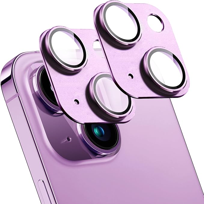 2 Pack Camera Lens Protector for iPhone 14 / iPhone 14 Plus,[Not Easy to Breakn ] AR Tempered Glass Strong Adsorption Metal Camera Cover Screen-purple