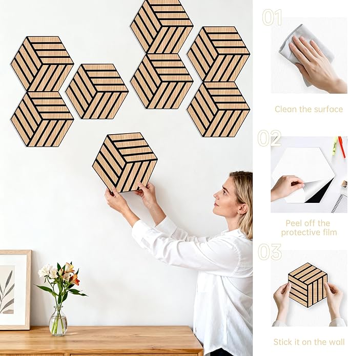 Mollywell Hexagon Acoustic Panels, Natural Oak TH4, 14x12x0.4 Inch, 12 Pack |Wood Veneer|High Density Sound Proofing Wall Panels|Self Adhesive Sound Dampening Felt Wall Tiles|Home Theater|Gaming Room|