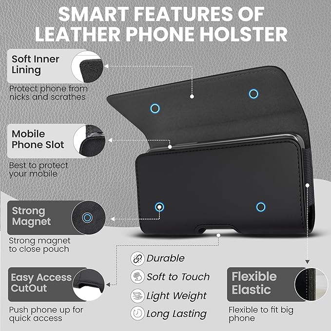 Phone Holster for Men & Women, Horizontal Cell Phone Case, Fits iPhone 17/16/15/14/13/12 Pro Max, Belt Clip/Loop Carrying Phone Pouch Holder, Black X-Large