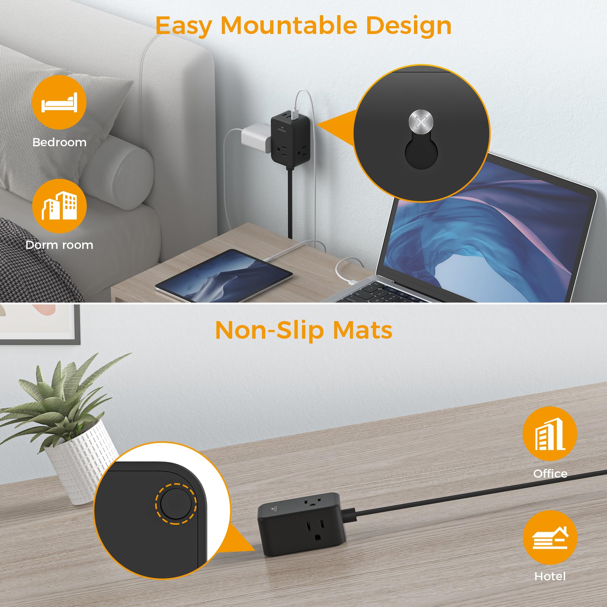 TESSAN Small Flat Plug Power Strip, Ultra Thin Extension Cord 5 ft, Black