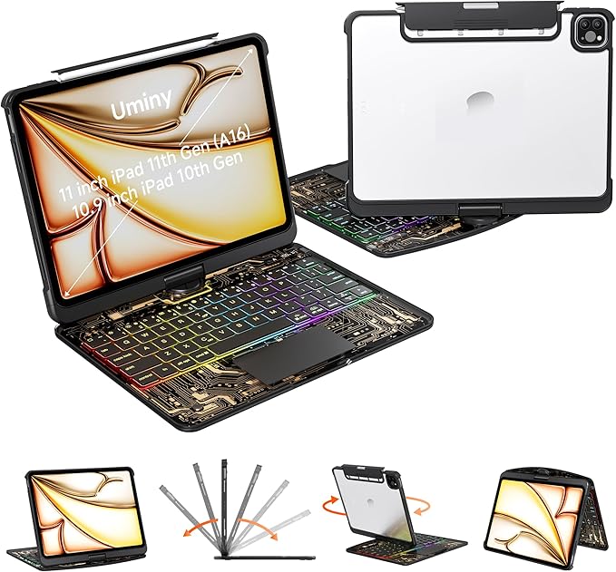 iPad Keyboard Case for iPad 10th Gen (2022) & 11th (A16, 2025), Magic Wireless Keyboard with Trackpad 7 Color Backlit, 360° Rotating Stand Transparent Protective Cover with Pencil Holder (Black)