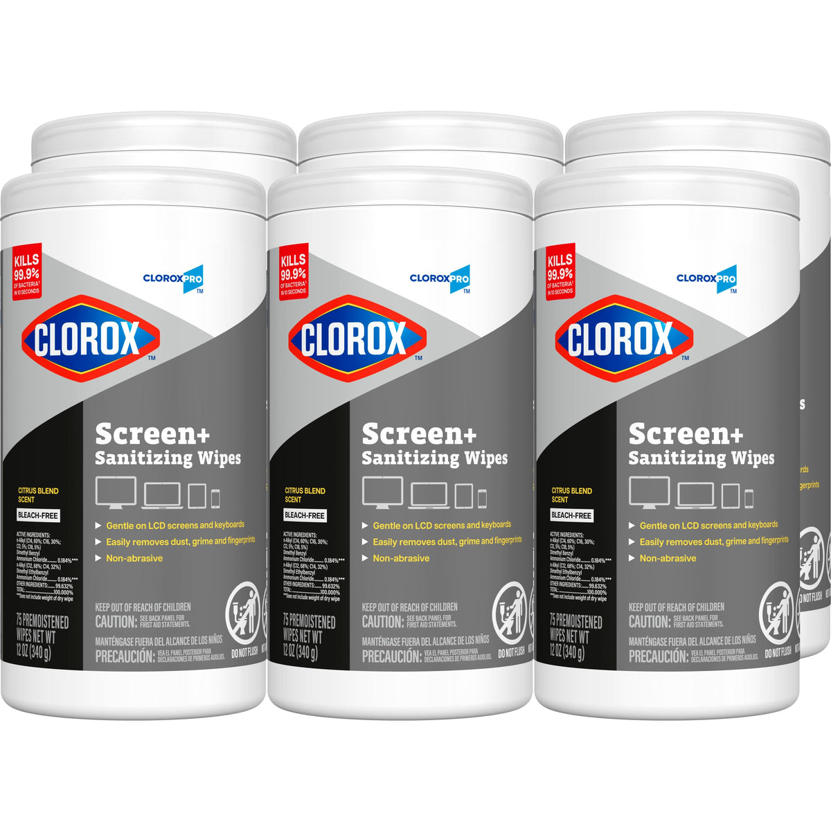CloroxPro Clorox Screen+ Sanitizing Wipes, Disinfecting Wipes for Electronics, Gentle on Phones, Tablets, LCD Screens, Laptops and Sensitive Surfaces, Citrus Blend Scent, 1 Canister, 75 Wipes, 6 Pack