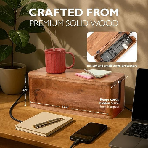 Acacia Cable Management Box - Rustic Design (Natural, Large)