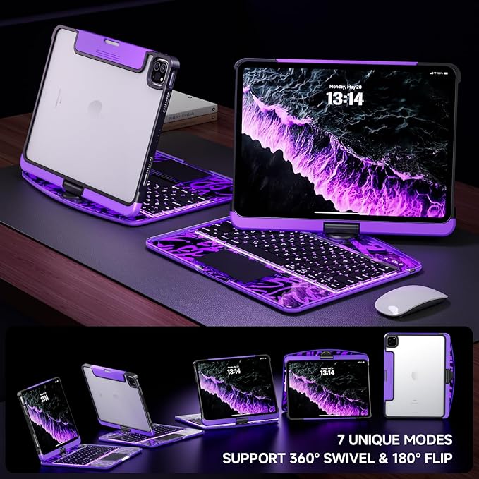 Transparent Case with Keyboard iPad Air (M3/M2,2025/2024) 11 Inch,Compatible 10.9" iPad Air 5th/4th & 11" iPad Pro 4/3/2/1,7-Color Backlit,Wireless Keyboard, 360°Rotating,with trackpad,Purple