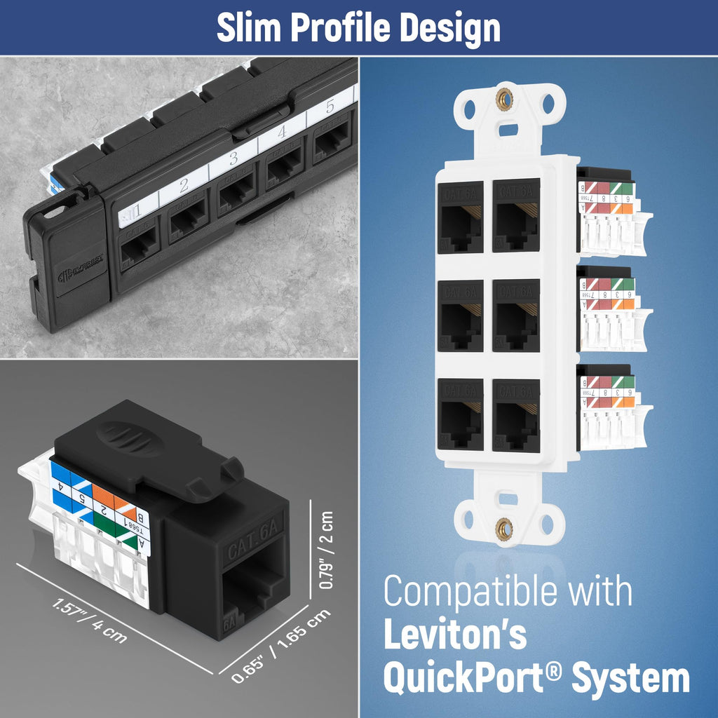 Everest 45 Degree RJ45 Cat6A Keystone Jacks Slim Profile 10-Pack Black