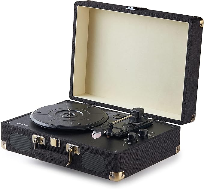 Amazon Basics Portable Suitcase Vinyl Turntable Record Player with Built-in Speakers and Bluetooth, Supports 3-Speed, Black