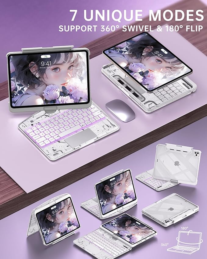 Intermerge for iPad 9th 10.2 inch Keyboard Case, 360° Transparent Multi-Touch Trackpad, 7-Color Backlit Keyboard, Pencil Holder, Type-C, Power Indicator for 9th/ 8th/ 7th - Frost Pulse