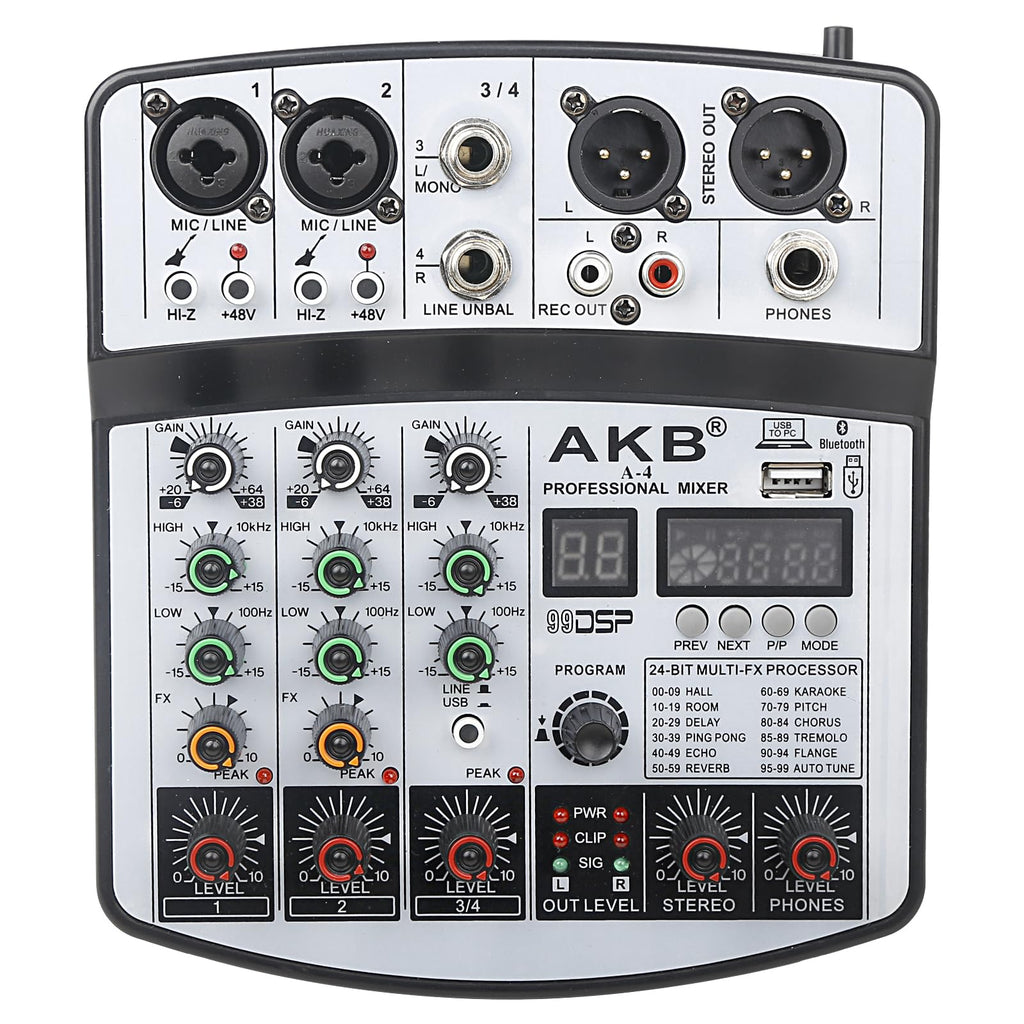 Dj Mixers 4 Channel Audio Mixer Sound Board with Bluetooth, Usb Audio Interface with 48V Phantom Power Sounds Mixer Board with 99 DSP FX Reverb Delay Effect