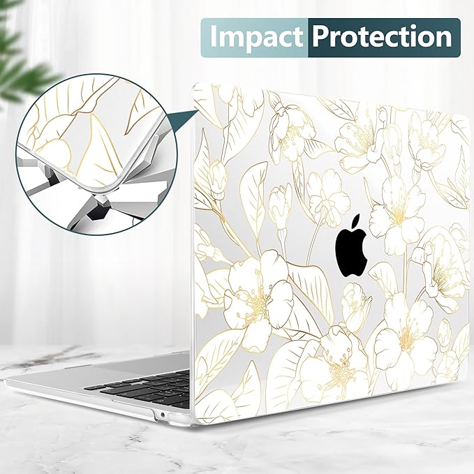 TWOLSKOO Compatible with M4 MacBook Air 13.6 inch Case 2025-2022 Release M4 A3240 M3 A3113 M2 A2681, Plastic Hard Shell & Keyboard Cover & Type C Adapter & Screen Protector, Gold Cherry Blossom
