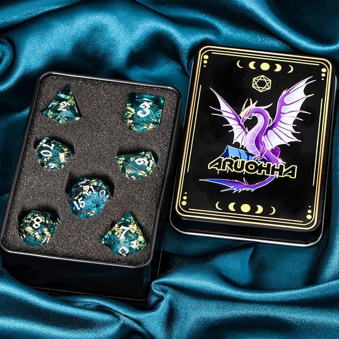 ARUOHHA Liquid Core DND Dice Set, 7pcs Resin Sharp Edged Dragons Dice RPG Role Playing Games, Silver Numbers Blue Dungeons Polyhedral Dice with Gift Box D20 D12 D10 D8 D6 D4