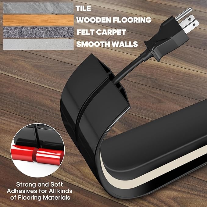10ft Large Black Floor Cord Cover, Self-2" (W) x 0.6"(H), Cable Cavity:0.8"(W) x 0.4"(H), Adhesive Power Cable Protector, Silicone Cord Protector, Cord Management, Cord Concealer and Cable Hider