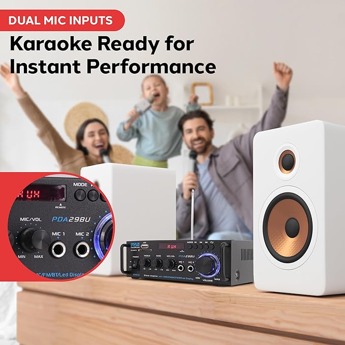 Pyle 200W Wireless Bluetooth Stereo Power Amplifier - 2-Channel Audio Receiver with RCA - USB - SD - MIC IN - FM Radio - Remote Control - AUX Input for Home Theater & Studio Use - PDA29BU.6