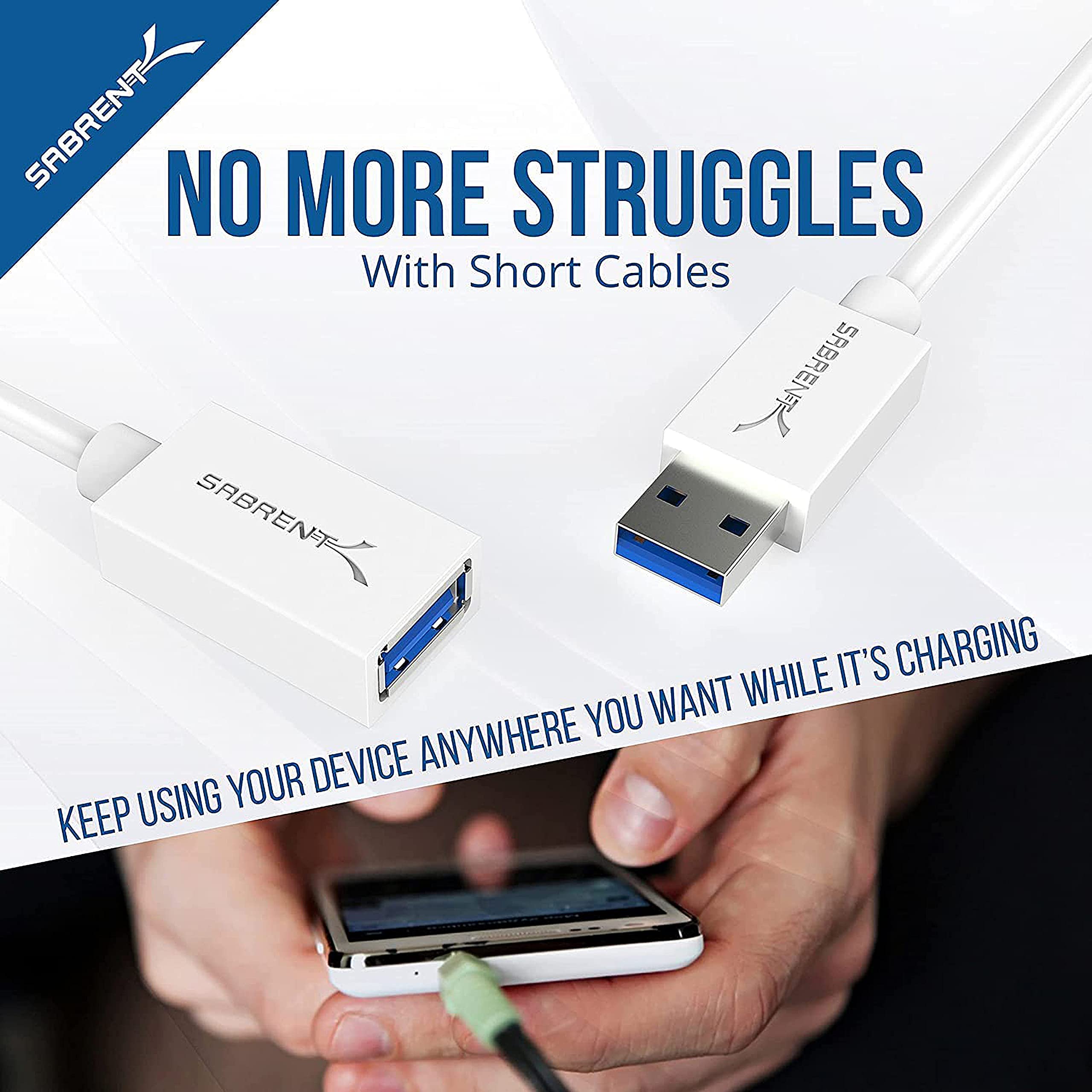 SABRENT USB 3.0 Extension Cable, A-Male to A-Female, 6ft, White (CB-306W)