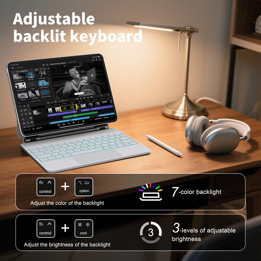 Otuoor Magic Keyboard for iPad 10th, Effortless Command, The Comfort Angle, iPad 11th (A16 2025) Case with Keyboard, Uninterrupted View, Snap Tight, 7 Color Backlight, Multi-Touch Trackpad, White