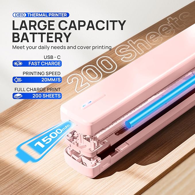POLONO Portable Printer Wireless for Travel, D810 Bluetooth Thermal Printer Support for 8.5"x11" US Letter, Inkless Compatible with iOS, Android, Laptop for Office, Car and Home with Carry Case, Pink