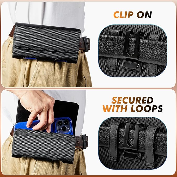 BECPLT Nylon Belt Holster Case Cell Phone Pouch Belt Holder Phone Holster Cover with Clip for iPhone 15 Pro Max 15 Plus 14 Pro Max 13 Pro Max Samsung Galaxy S24+ S23+ S22+ S21+ S23 FE (Black)