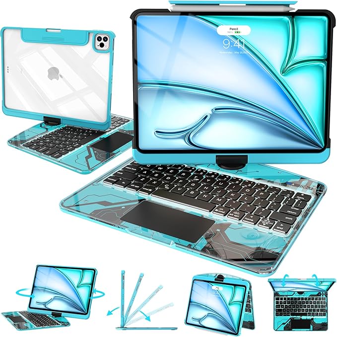 Intermerge Clear Keyboard Case for iPad Air 11" (M3/M2, 2025/2024), Air 5th/4th, Pro 11" 2022-2018, 360° Swivel Multi-Touch Trackpad, 7-Color Backlit, Pencil Holder, Type-C, Aqua Pulse