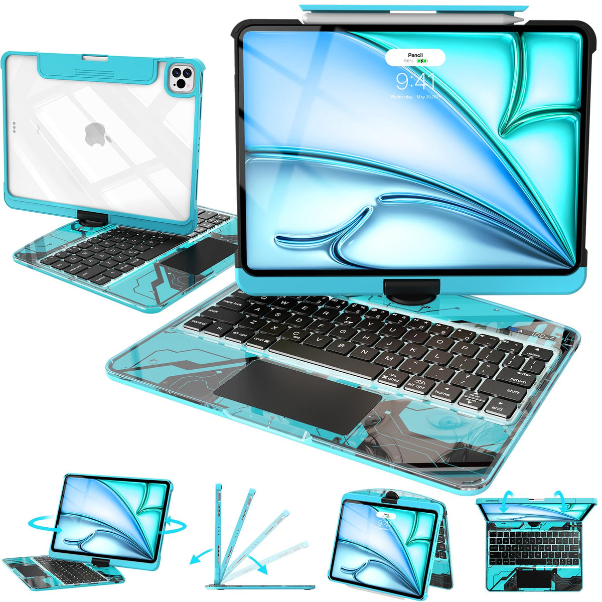 Intermerge Transparent Keyboard Case for iPad Pro 13"(M5,2025/ M4,2024), 360° Swivel Multi-Touch Trackpad, 7-Color RGB Backlit, Pencil Holder, Type-C, Power Indicator, Aqua Pulse
