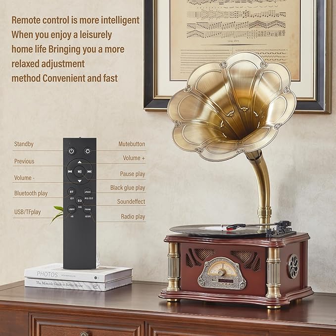 Vintage Gramophone with Bluetooth Output Vintage Record Players Retro Gramophone Turntables for 7" 9" 12" Vinyl Records 3 Speed, Hi-Fi, Handcrafted by Pure Oak (Walnut)