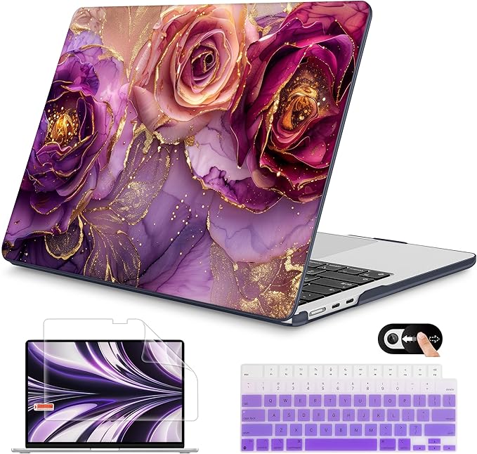Mektron for 2025 M4 MacBook Air 13.6 Inch A3240 Case Fits 2023 A2681 M2 2024 A3113 M3 Chip with Liquid Retina Display Touch ID, Printed Plastic Hard Shell Cover for MacBook Air 13.6", Marble Flowers