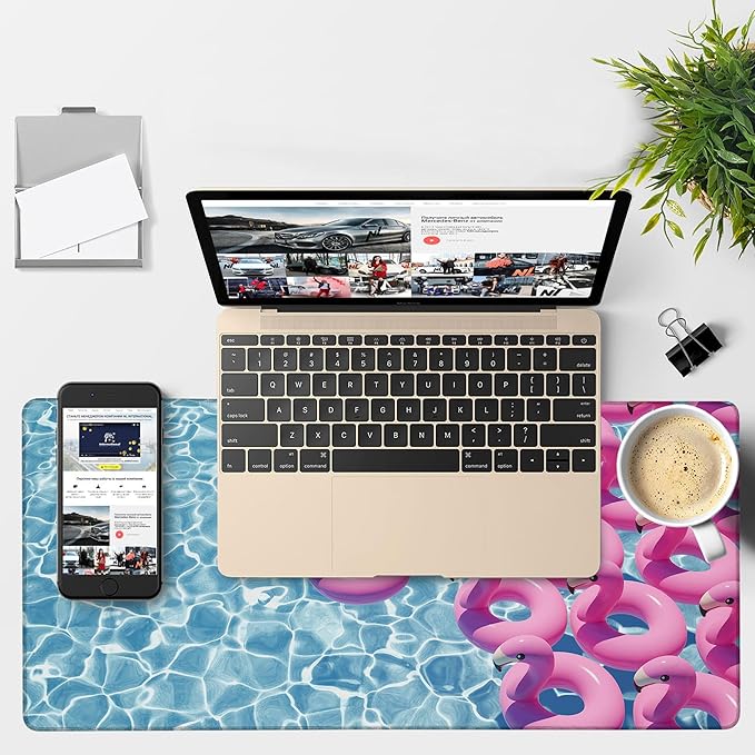 Gaming Desk Pad Large Extra Length Pink Flamingos Mouse Pad Keyboard Laptop Non-Slip Waterproof with Rubber Base Thick Stitched Edge Mouse Mat for Office Home 35.4 x 15.7 Inches