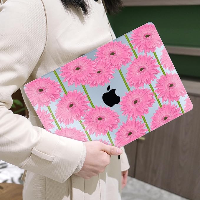 MEEgoodo Case for M4/M3/M2 MacBook Air 13.6 inch Case 2025 2024 2022, Fit Model A3240/A3113/A2681, Laptop Hard Shell with Keyboard Cover Compatible with MacBook Air 13 inch, Pink Gerbera Flower