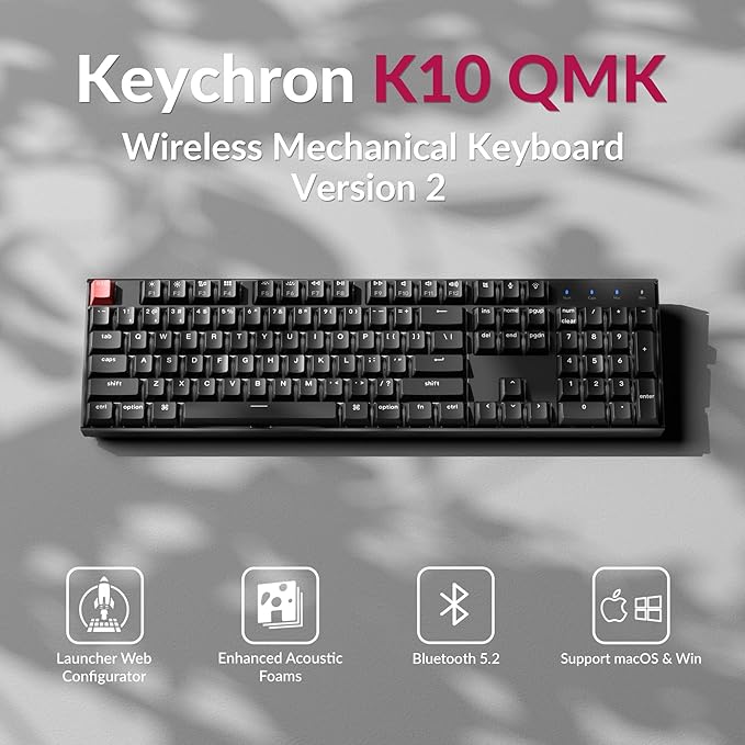 Keychron K10 Full Size Layout White LED Backlit Hot-Swappable Mechanical Keyboard for Mac Windows, 104-Key Bluetooth Wireless/USB Wired Computer Keyboard with Keychron Super Red Switch(Version 2)