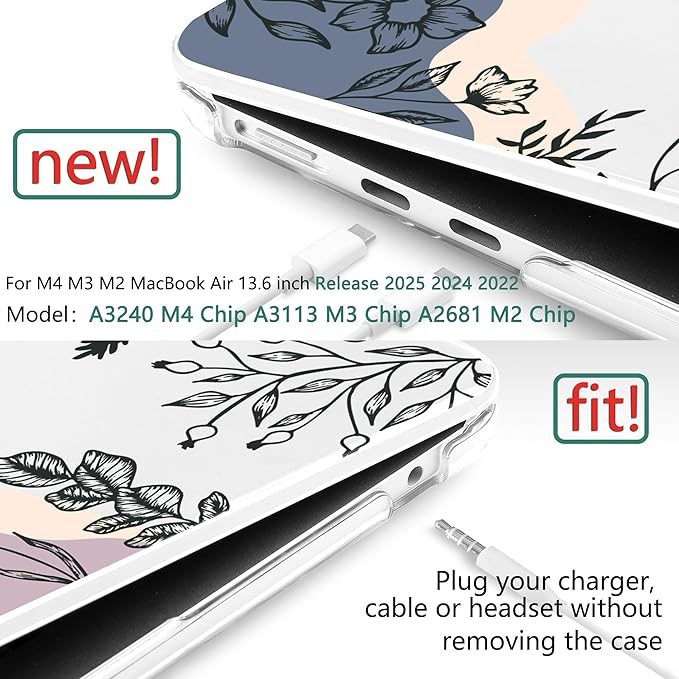 TWOLSKOO Compatible with M4 MacBook Air 13.6 inch Case 2025-2022 Release M4 A3240 M3 A3113 M2 A2681, Plastic Hard Shell & Keyboard Cover & Type C Adapter & Screen Protector, Spring Line Art