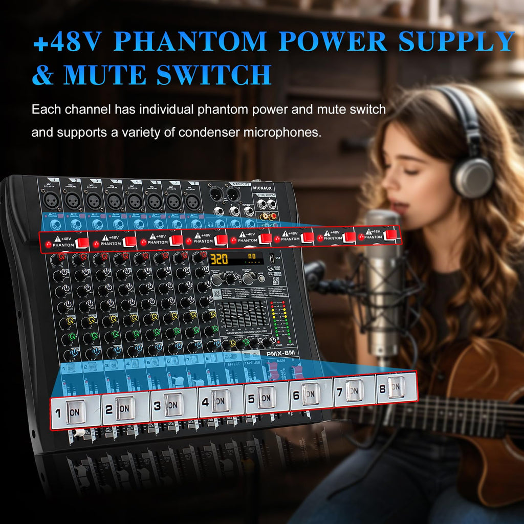 MICNAUX Audio Mixer 8 Channel Professional Mixer Console with 320 DSP Effects, 7-band EQ Sound Mixing Board Digital DJ Mixer w/USB Bluetooth MP3 for Recording, Independent 48V Power & Mute Button