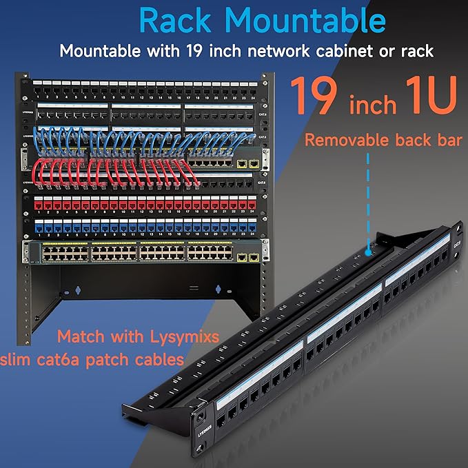 24 Port RJ45 Patch Panel Cat6 Feed Through, Coupler Network Panel 19 Inch, Inline Keystone Ethernet Patch Panel with Back Bar