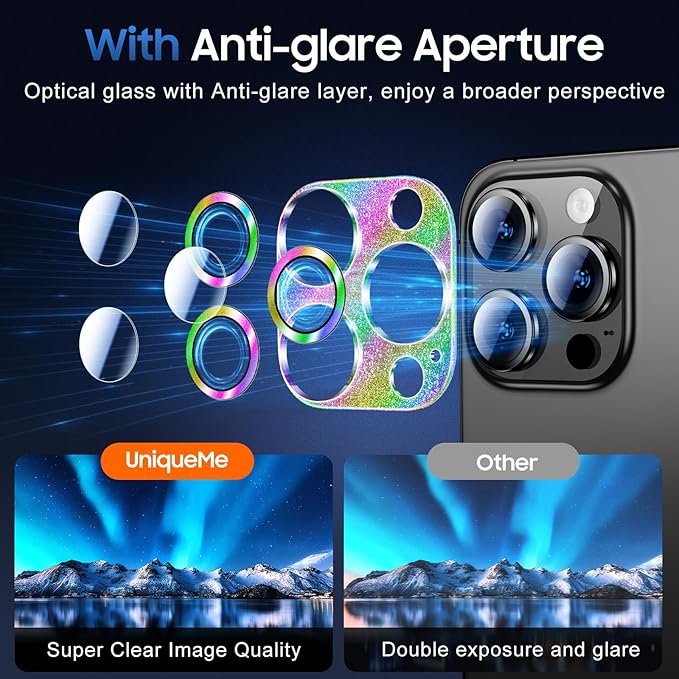 UniqueMe for 3 Pack iPhone 15 Pro/iPhone 15 Pro Max Camera Lens Protector, [Drop Protection] [Case Friendly] Camera Cover Screen [Update New Version] - Intergrated Glitter Colorful