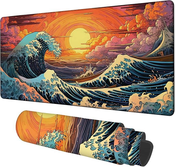 Gaming Desk Pad Large Extra Length Japanese Blue Waves Mouse Pad Keyboard Laptop Non-Slip Waterproof with Rubber Base Thick Stitched Edge Mouse Mat for Office Home 35.4 x 15.7 Inches