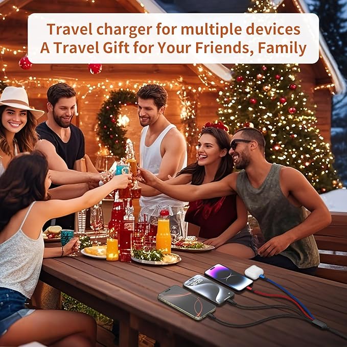 Travel Essentials, Dual Type-C 4 in 1 Multi Charging Cable for Multiple Devices, USB Cables Universal Phone Charger Cord with IP/Micro/2 USB-C Port for iPhone16/15/14, Android Tablet Pad, 2Pack 5FT