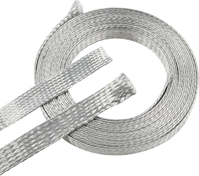 Tinned Copper Metal Braid Sleeving Wire Shielding Sleeve Braided Copper Ground Straps EMI/RFI Interference Expandable Flat Mesh Shielding Cable for Protect Wire (1/2inch-22ft)