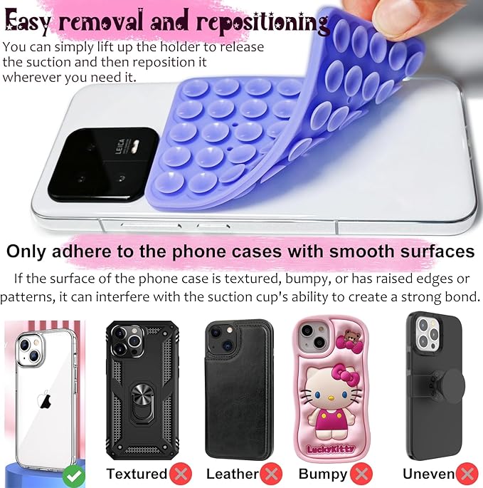 2 Pack Silicone Suction Cup Phone Case Mount Double Sided, Hands-Free Strong Grip Silicon Phone Holder, Non Slip Phone Accessories for Selfies and Videos (Light Pink&Translucent)