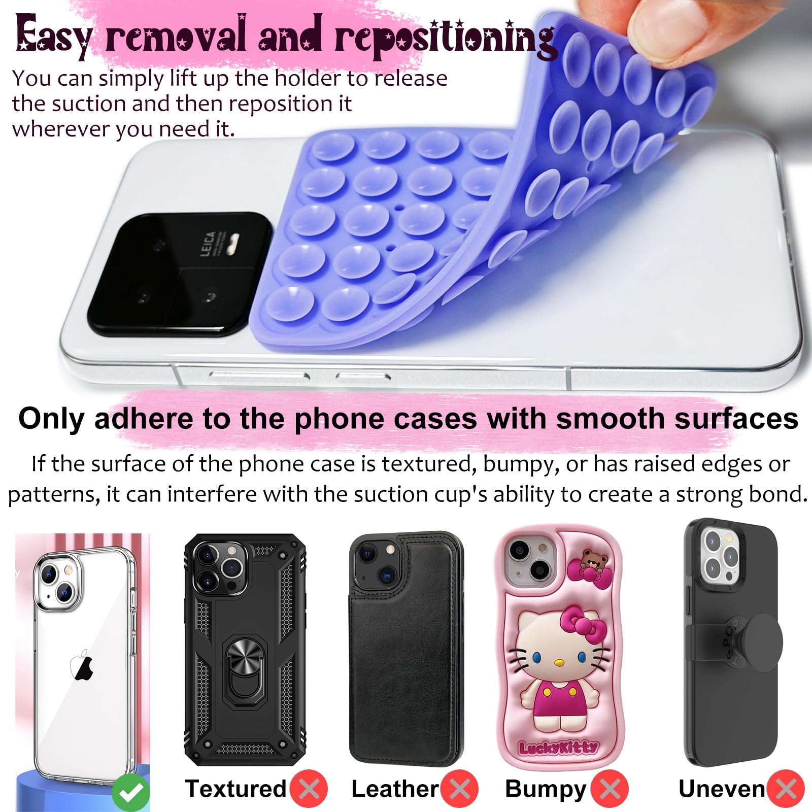 LvShuLiangPin Anteel 2 Pack Silicone Suction Cup Phone Case Mount Double Sided, Hands-Free Strong Grip Silicon Phone Holder, Non Slip Phone Accessories for Selfies and Videos (Lavender)