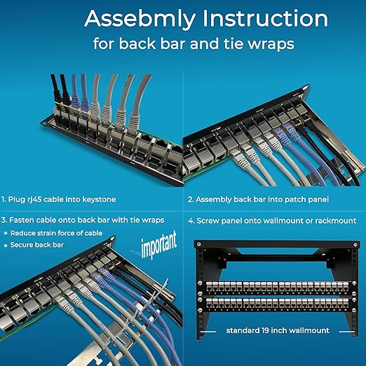 Rapink Patch Panel 24 Port Cat6A with Inline Keystone 10G Support, Coupler Patch Panel STP Shielded 19-Inch with Removable Back Bar, 1U Network Panel for Cat7, Cat6, Cat6A, Cat5e
